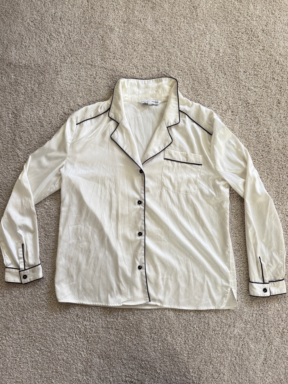 White Satin Pajama-Style Button Up Blouse with Black Piping